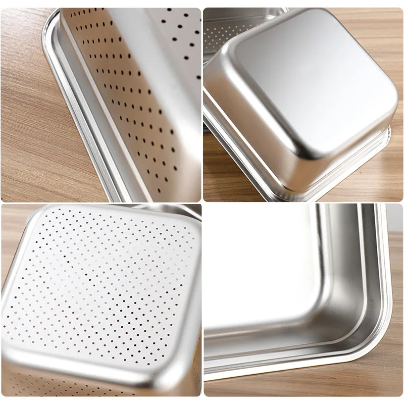 Stainless Steel Square Storage Organizer Tray Washing Vegetables Food Drain Basin Fruits Drain Basket Kitchen Accessories