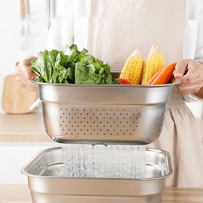 Stainless Steel Square Storage Organizer Tray Washing Vegetables Food Drain Basin Fruits Drain Basket Kitchen Accessories